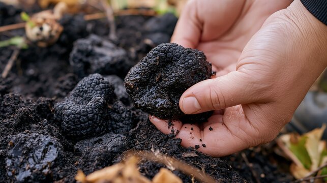 A persons hands carefully unearth dark, textured fungi from rich soil.