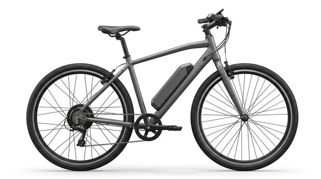 A modern grey electric bicycle with a frame mounted battery shown in a studio setting with against white background battery stands isolated bicycle with bicycle