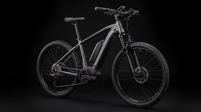 A modern matte black electric mountain bike positioned in a studio against a dark background with gray electric against plain transportation sustainable suspension