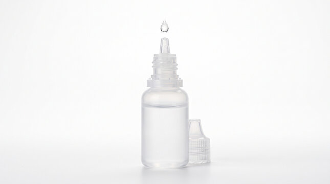 A clear plastic dropper bottle dispensing a single drop of liquid against a white background with translucent plastic squeeze bottle releases liquid nozzle pharmaceutical