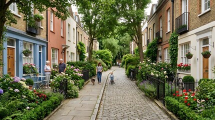 Fototapeta premium Charming European Street with Cobblestones and Blooming Gardens