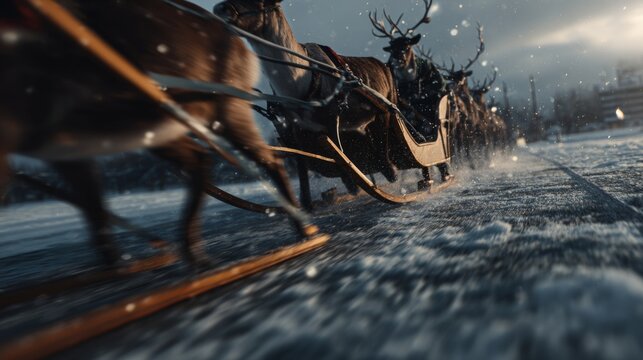 Reindeer pulling a wooden sleigh across a snowy ground during winter animal
