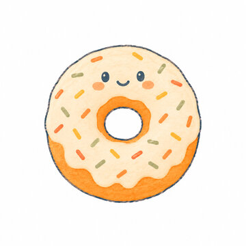Cute Kawaii Watercolor Donut with Sprinkles and Smiling Face