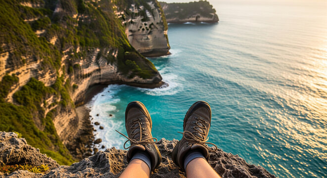 Hiking boots on a cliff edge overlooking scenic coastal cliffs and turquoise ocean at sunset