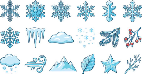 Winter frost elements set with snowflakes icicles snow drifts ice crystal stars snow covered pine branches and chilly wind vector illustration © ALOMGIR