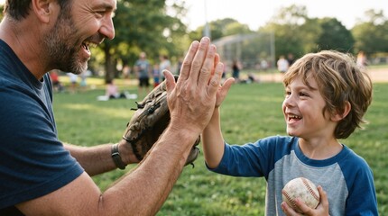 Fototapeta premium Father and son giving high five during baseball game in park