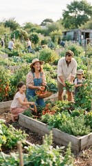 Obraz premium Happy family harvesting fresh vegetables in a community garden