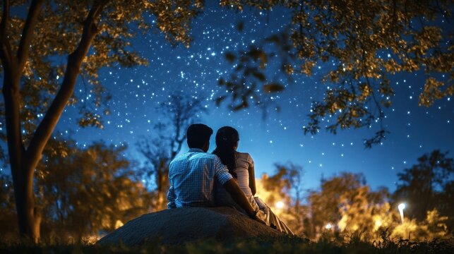 Couple lovers sitting outdoor watching night  sky stars