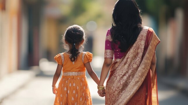 Mother and daughter walking street