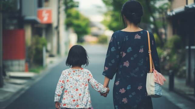 Mother and daughter walking street