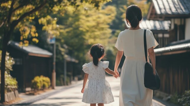 Mother and daughter walking street