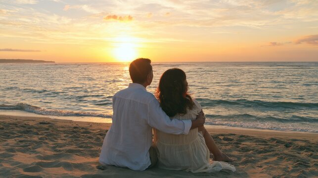 Lovers couple sitting on a beach looking sunset