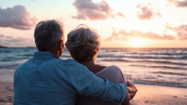 Lovers couple sitting on a beach looking sunset
