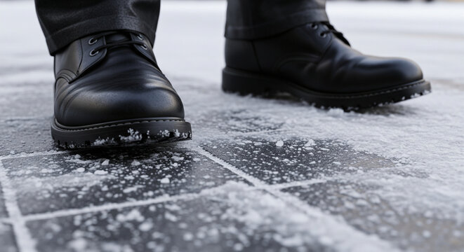 Close-up of black leather boots walking on a snowy and icy sidewalk during winter