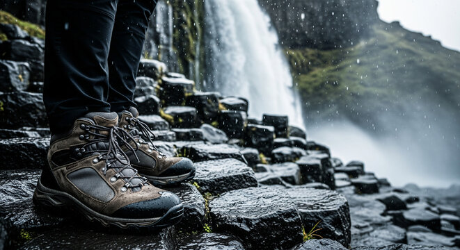 Hiker in brown waterproof boots standing on wet basalt columns near a massive waterfall on a rainy day