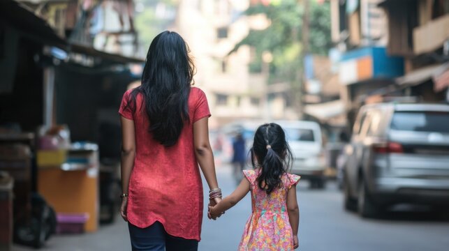 Mother and daughter walking street