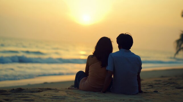 Lovers couple sitting on a beach looking sunset