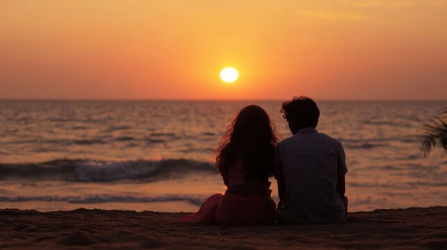 Lovers couple sitting on a beach looking sunset