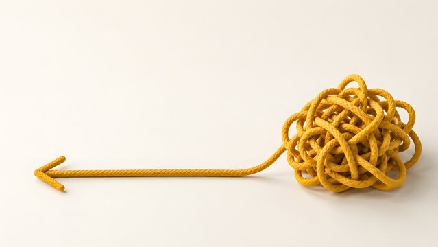 Goldener Pfeil f&uuml;hrt aus einem Knoten als Symbol f&uuml;r Klarheit und Probleml&ouml;sung