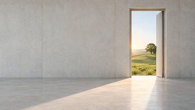 Offene T&uuml;r zur sonnigen Landschaft als Symbol f&uuml;r Neubeginn und neue M&ouml;glichkeiten
