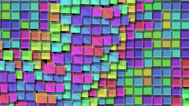 Abstract vibrant multi colored grid of square cubes in dynamic mosaic pattern