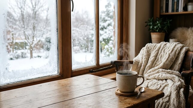Steaming hot beverage in cozy winter window nook
