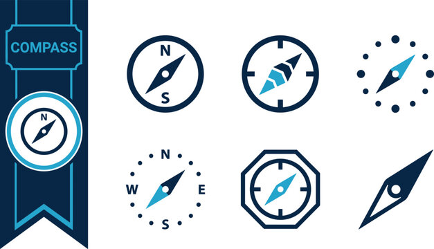 Compass navigation icon set featuring direction tool map compass travel guide route planning adventure exploration orientation and journey symbols for websites mobile apps ui kits infographics