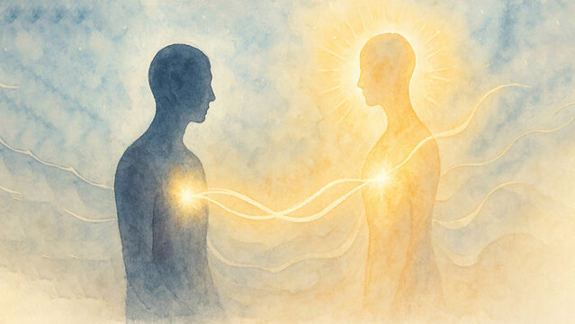 Two Ethereal Soul Connected By Golden Divine Energy Symbolizing Spiritual Connection Between Physical And Higher Self