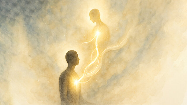 Two Ethereal Soul Connected By Golden Divine Energy Symbolizing Spiritual Connection Between Physical And Higher Self