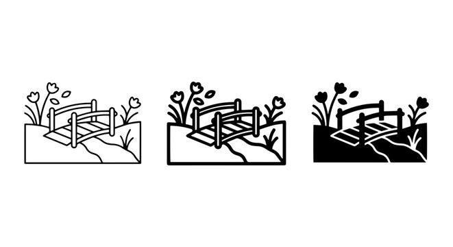 Wooden Bridge Icons, Garden Path Elements, Nature Landscape Symbols