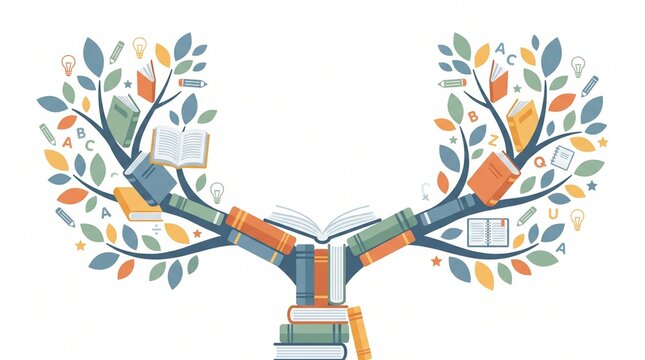 Flat illustration of a knowledge tree made of books with letters and symbols on a white background.
