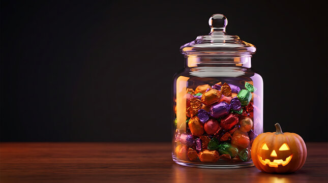 Glass jar filled with colorful Halloween candies and a glowing jack-o'-lantern on a wooden table