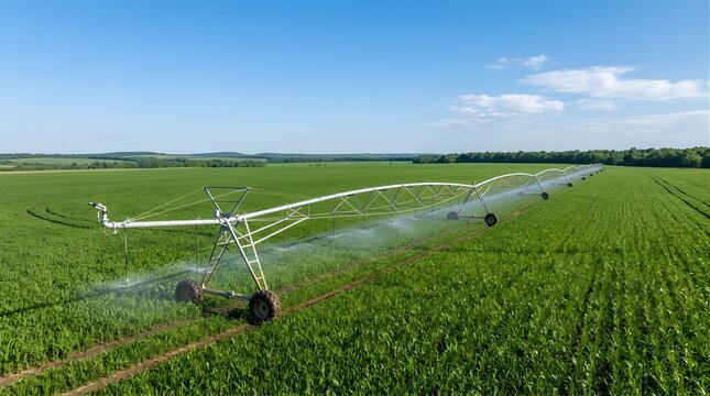 Automatic center pivot irrigation system watering a green corn crop field
