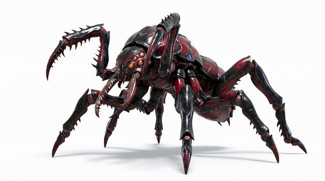 Extraterrestrial insectoid creature 3D render with black and red chitin exoskeleton and spiky legs