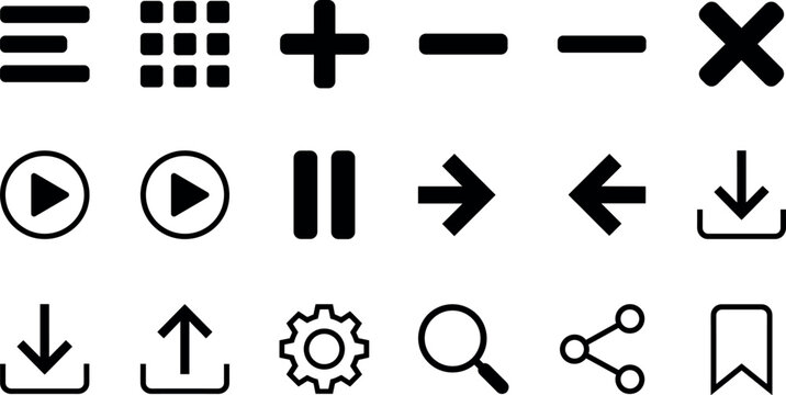Minimal web and mobile app interface user actions flat black icons vector set collection graphic templates