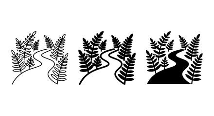 Obraz premium Winding Path Through Ferns, Nature Trail Vector Icons, Organic Journey Graphics