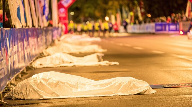 acquiescence. A marathon finish line with runners wrapped in thermal blankets during early morning. event key visuals, club posters, designed for sports event promotions and stadium branding.