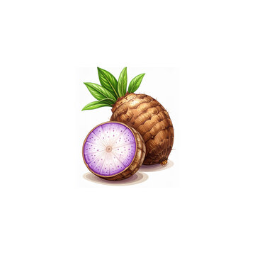 Fresh taro root with purple cross section and green leaves isolated on white
