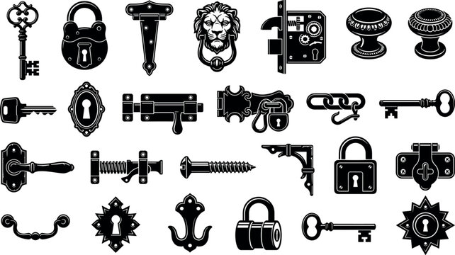 Vintage architectural hardware and door security vector elements set featuring antique keys padlocks hinges handles locks and door knockers