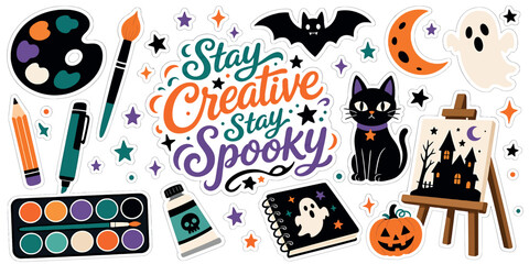 Fototapeta premium Set of cute halloween and art stickers, creative spooky design with paint palette, brush, ghost, black cat, and pumpkin