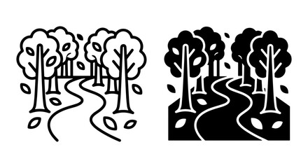 Fototapeta premium Forest Path Vector Icons: Nature Trail, Trees, Autumn Leaves, Outdoor Adventure, Simple Line Art