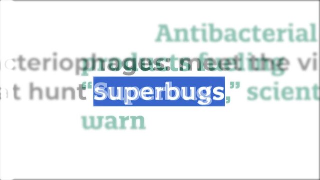 Kinetic typography animation showing news headlines and search results for the word superbugs highlighted in blue on a screen. Conceptual video for medicine, antibiotic resistance, and healthcare