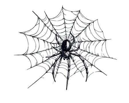 Black spider sitting on broken web drawing