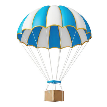 Small cardboard delivery box hanging from a blue and white striped parachute isolated on transparent background for shipping