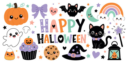 Fototapeta premium Cute kawaii halloween elements set with pumpkin ghost cat bat rainbow