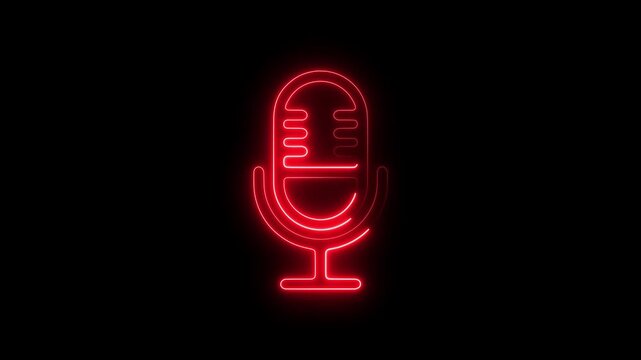 Neon red microphone glowing on black background, podcast and audio recording concept