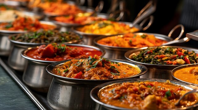 Buffet with various traditional indian dishes in metal bowls