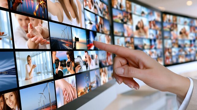 A persons hand interacts with a large display wall showing various images.