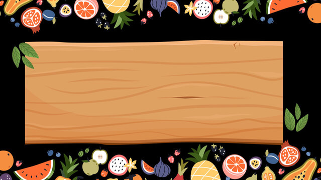 Wooden board banner background presentation with tropical fruits frame on black