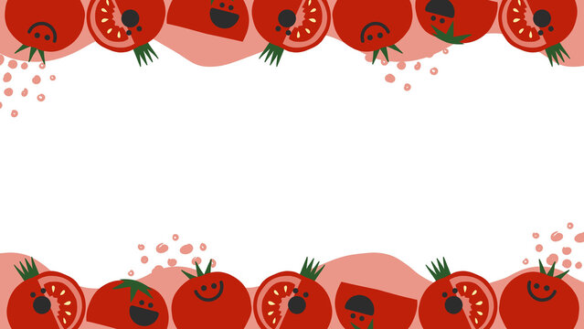 Cute cartoon smiling red tomatoes border background presentation with fresh vegetable slices